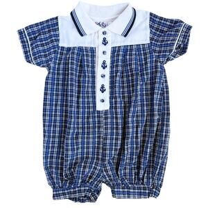 VTG Small Steps Baby Boy Nautical Romper 24M Blue Plaid Button Bubble Shortall